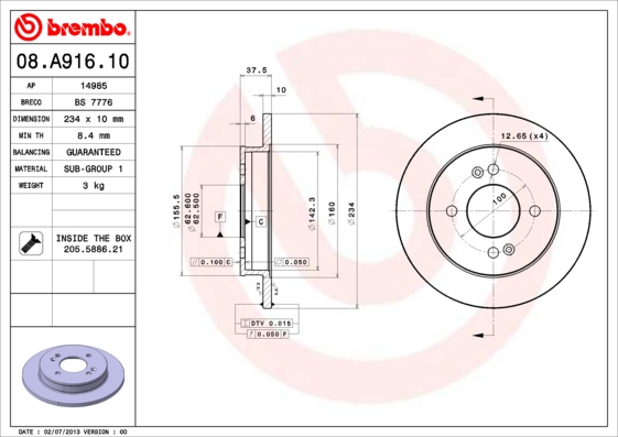 BREMBO 08.A916.10B Féktárcsa