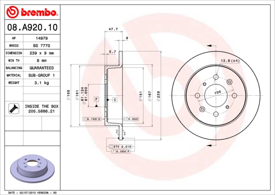 BREMBO 1001538542 08.A920.10 - Hátsó féktárcsa