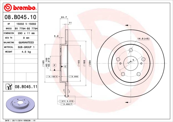 BREMBO 1001538547 08.B045.11 - Hátsó féktárcsa