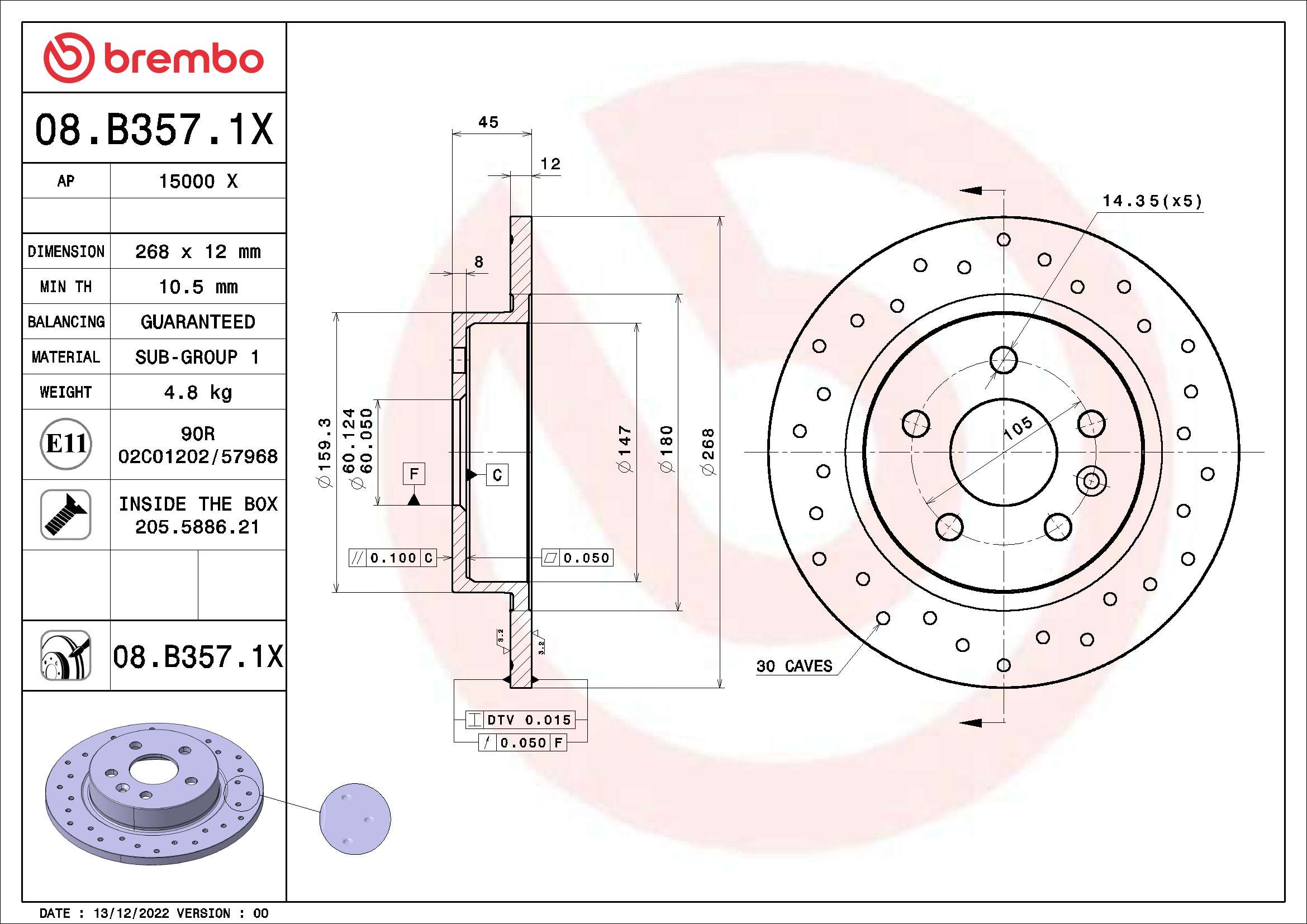 BREMBO BRE08.B357.1X féktárcsa