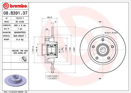 BREMBO 08.B391.37B Féktárcsa