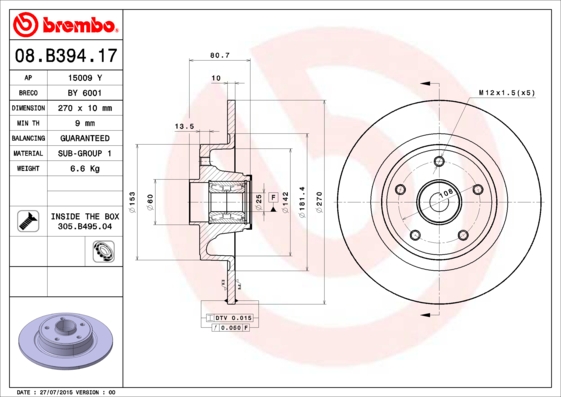 BREMBO BRE08.B394.17 féktárcsa