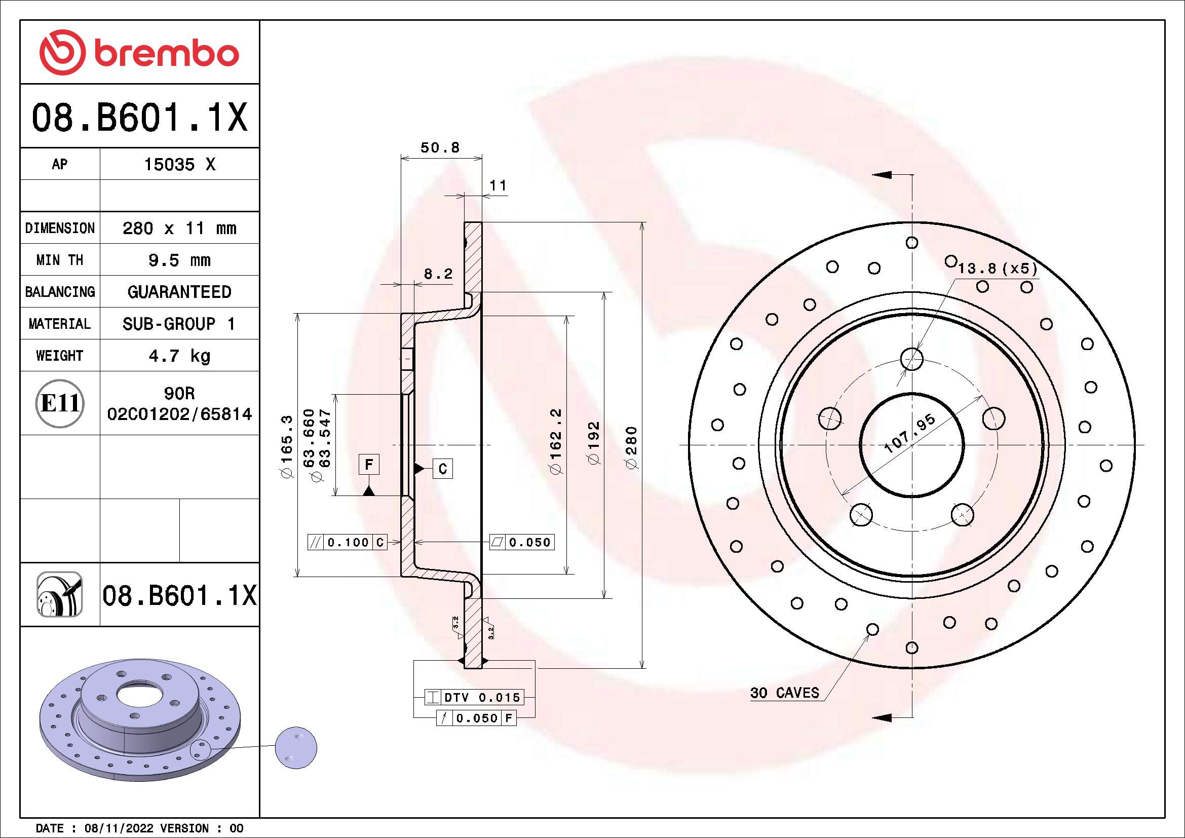 BREMBO BRE08.B601.1X féktárcsa