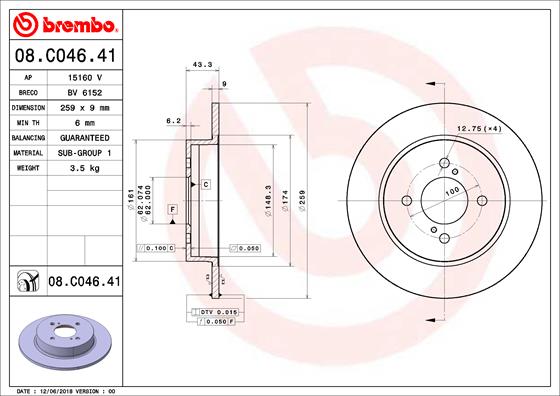 BREMBO 1001689388 08.C046.41 - Hátsó féktárcsa