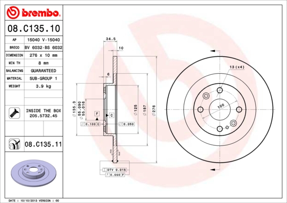 BREMBO BRE08.C135.11 féktárcsa