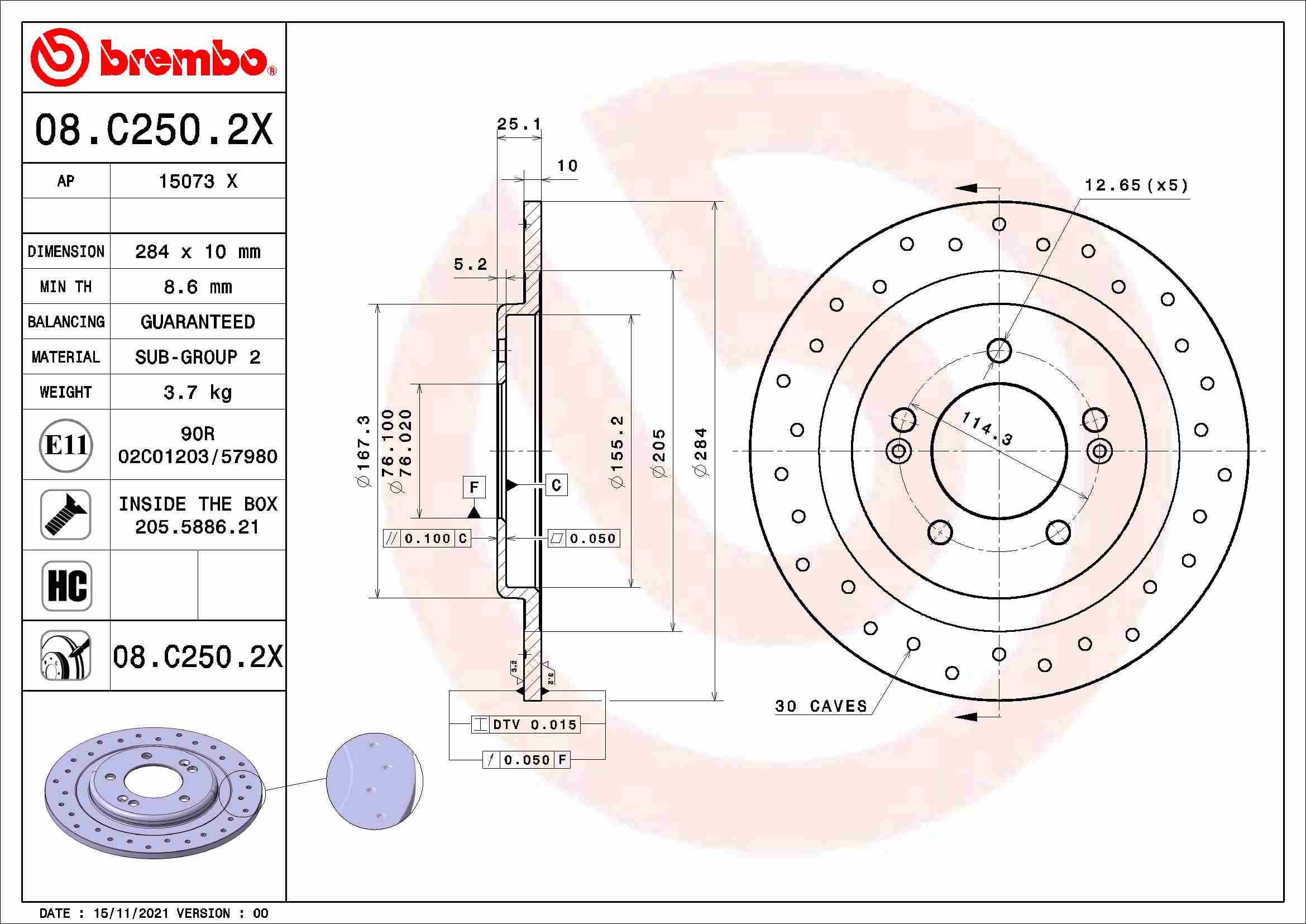 BREMBO BRE08.C250.2X féktárcsa