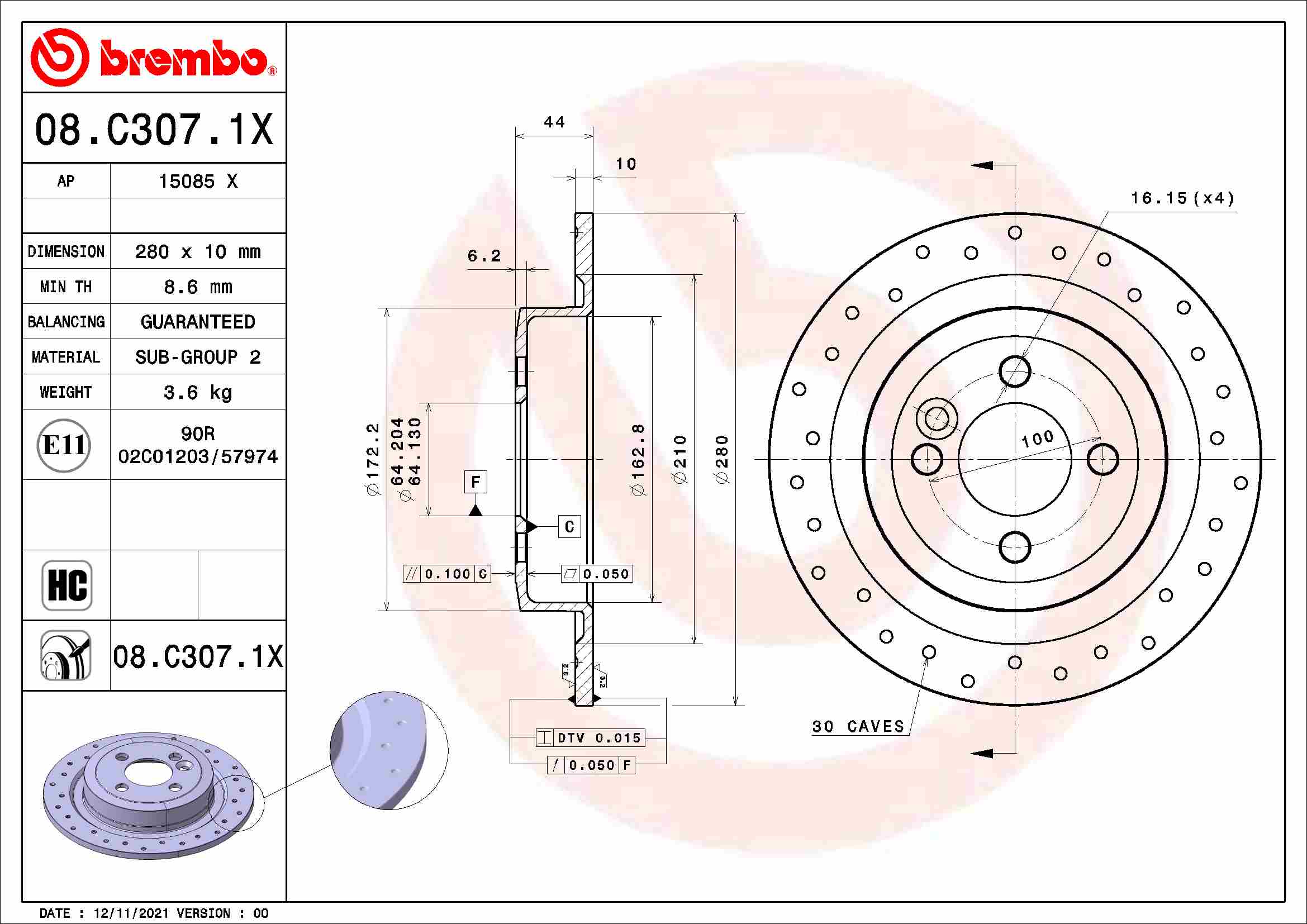 BREMBO BRE08.C307.1X féktárcsa