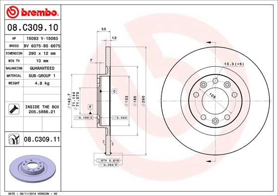 BREMBO 1001538638 08.C309.11 - Hátsó féktárcsa