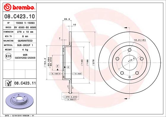 BREMBO 08.C423.11B Féktárcsa