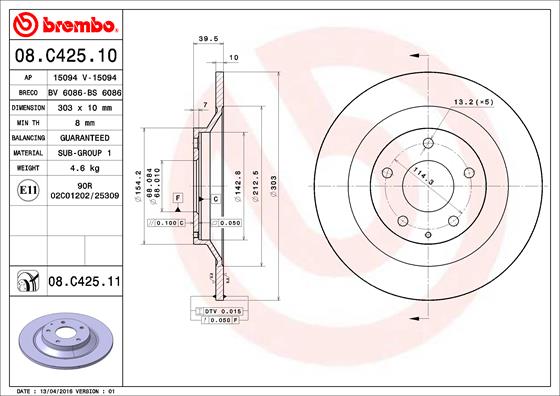 BREMBO 08.C425.11B Féktárcsa