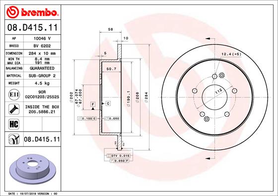 BREMBO 1003106982 08.D415.11 - Hátsó féktárcsa