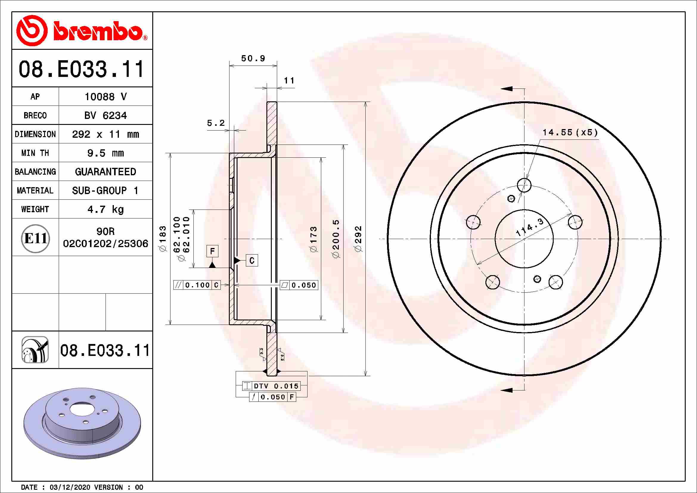 BREMBO BRE08.E033.11 féktárcsa