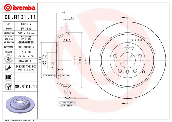 BREMBO 08.R101.11B Féktárcsa