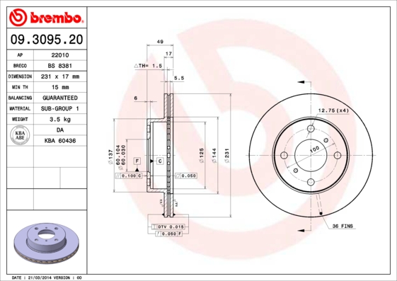 BREMBO 09.3095.20B Féktárcsa