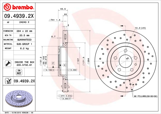 BREMBO 09.4939.2X Féktárcsa