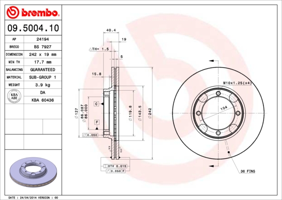 BREMBO BRE09.5004.10 féktárcsa