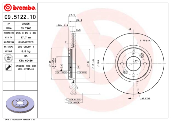 BREMBO 09.5122.10BR Féktárcsa