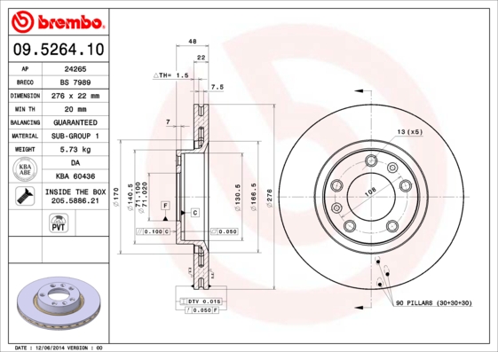 BREMBO 09.5264.10BR Féktárcsa