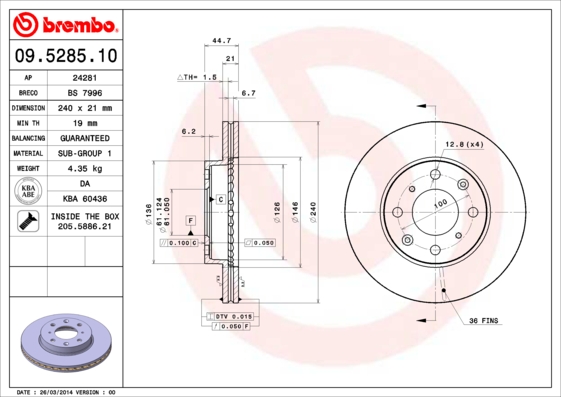 BREMBO BRE09.5285.11 féktárcsa