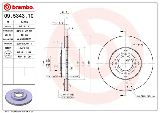 BREMBO 09.5343.10 Féktárcsa