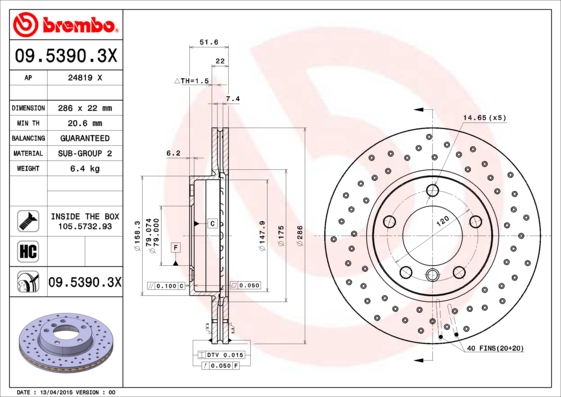 BREMBO 09.5390.3X Féktárcsa