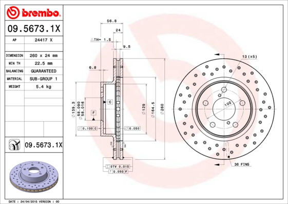 BREMBO BRE09.5673.1X féktárcsa