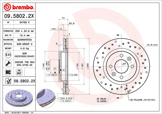 BREMBO 1001739376 09.5802.2X - Első féktárcsa