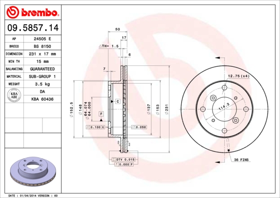 BREMBO 09.5857.14 Féktárcsa