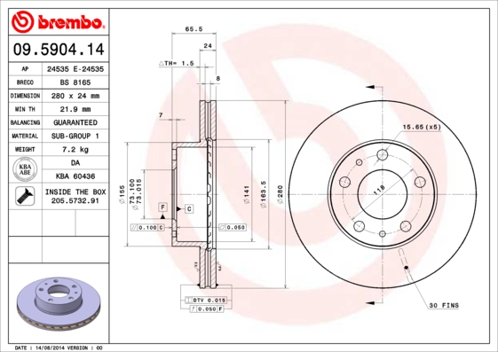 BREMBO 09.5904.14B Féktárcsa