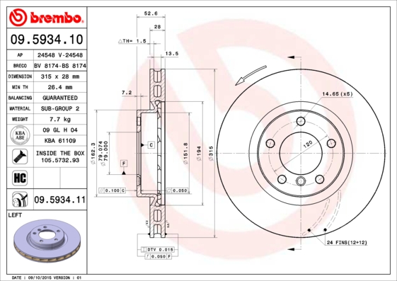 BREMBO 09.5934.10 Féktárcsa