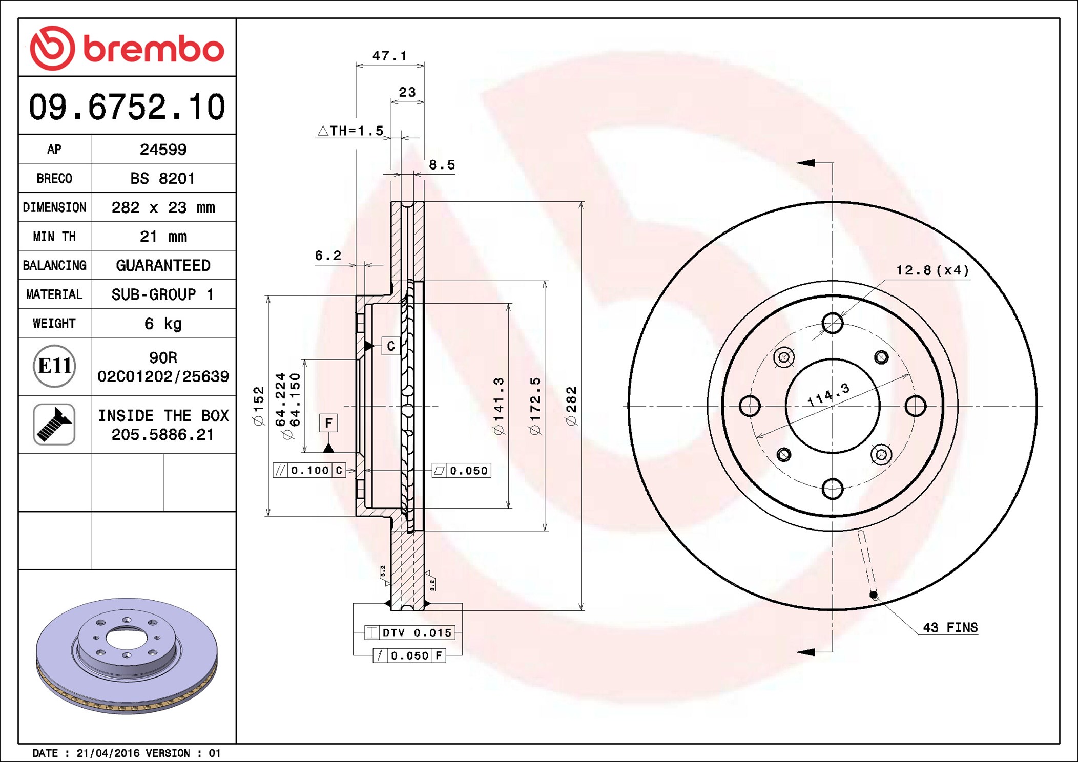 BREMBO BRE09.6752.10 Féktárcsa