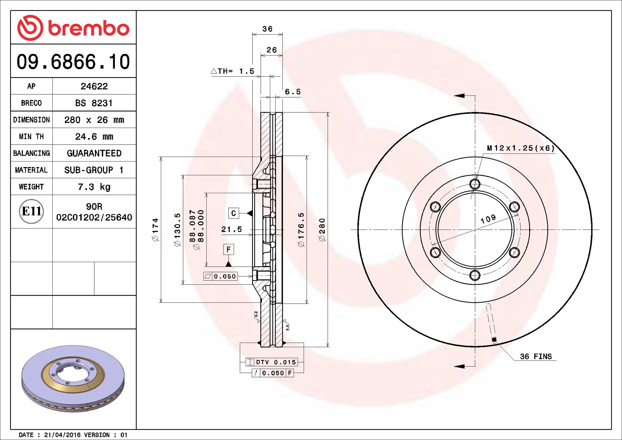 BREMBO 1000243691 09.6866.10 - Első féktárcsa