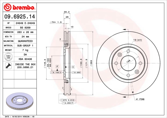 BREMBO 09.6925.14 Féktárcsa