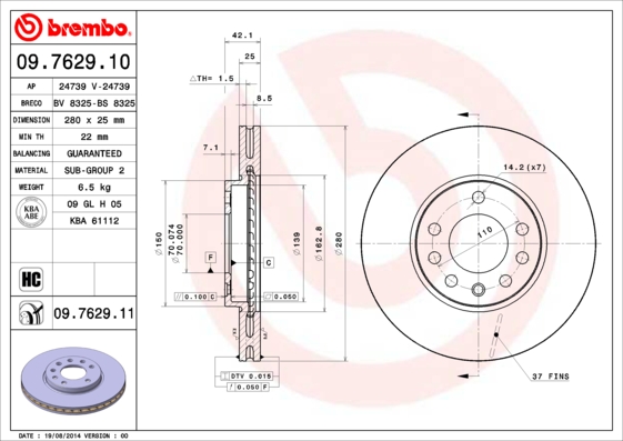 BREMBO 09.7629.11B Féktárcsa