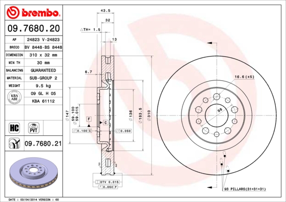 BREMBO 1001408630 09.7680.21 - Első féktárcsa