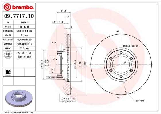 BREMBO 09.7717.10B Féktárcsa