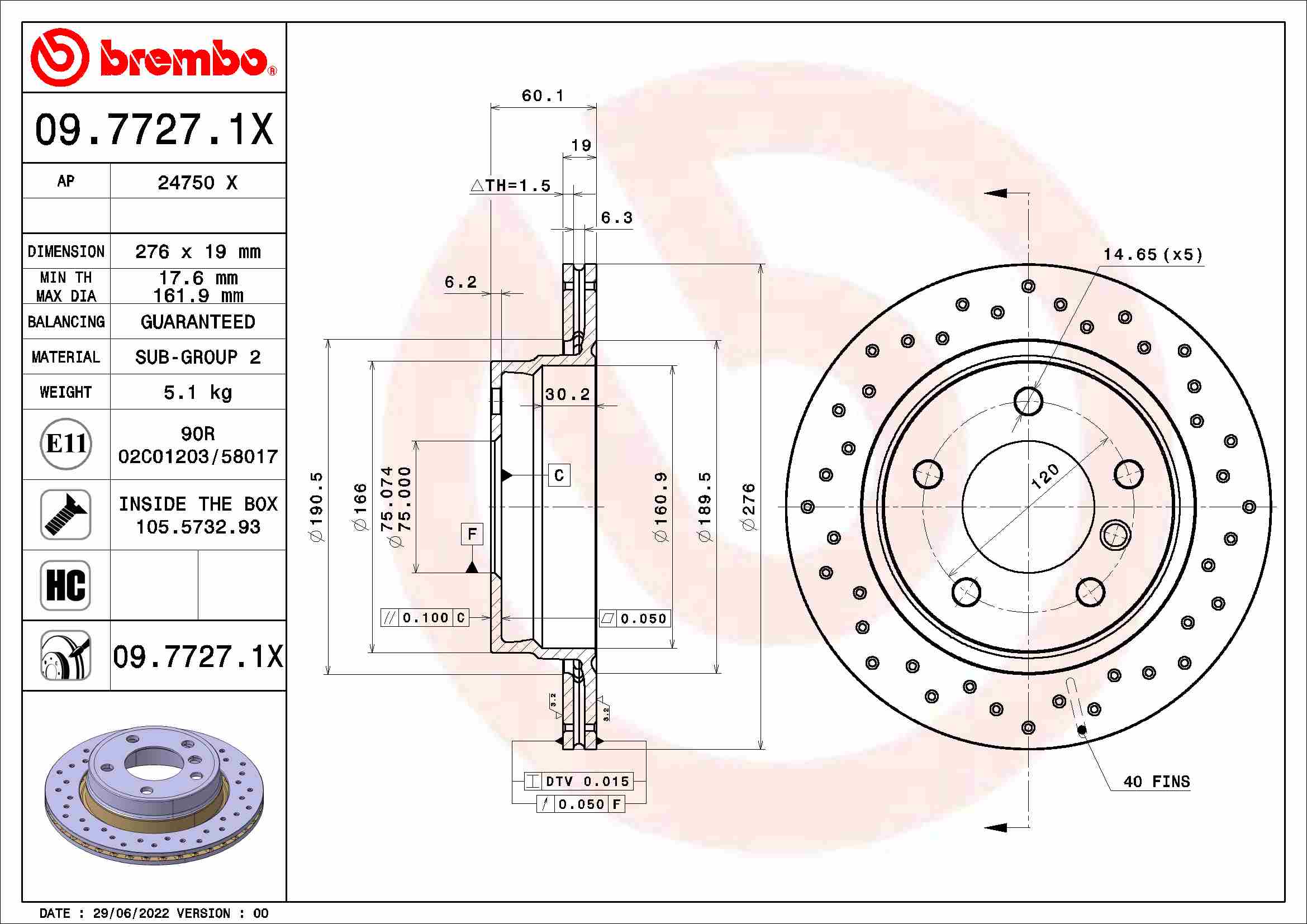 BREMBO BRE09.7727.1X féktárcsa