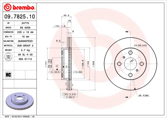 BREMBO 1000192978 09.7825.10 - Első féktárcsa