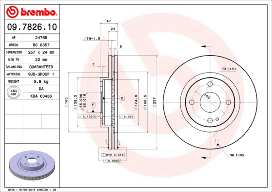 BREMBO 1000193014 09.7826.10 - Első féktárcsa