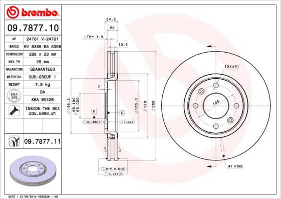 BREMBO 1001538818 09.7877.11 - Első féktárcsa