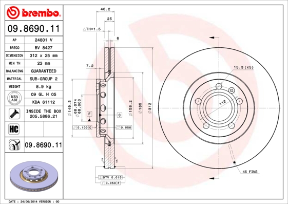 BREMBO 09.8690.11 Féktárcsa