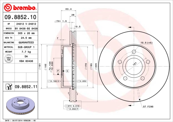 BREMBO BRE09.8852.11 féktárcsa