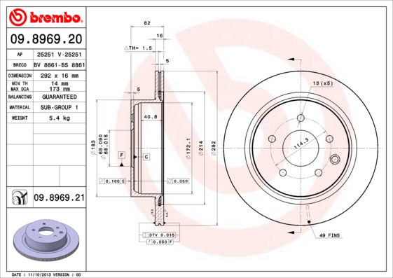 BREMBO 1001538977 09.8969.21 - Hátsó féktárcsa