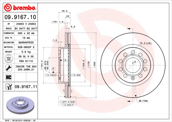 BREMBO BRE09.9167.11 féktárcsa