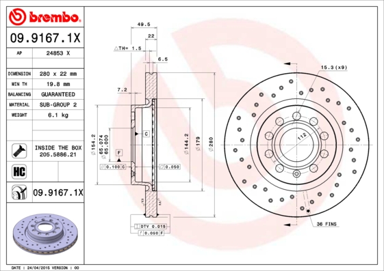 BREMBO BRE09.9167.1X féktárcsa