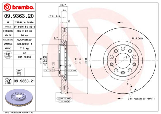 BREMBO 09.9363.20B Féktárcsa