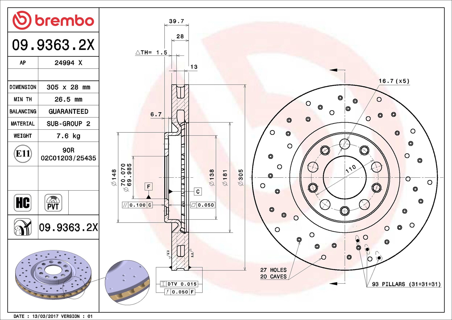 BREMBO 09.9363.2X Féktárcsa