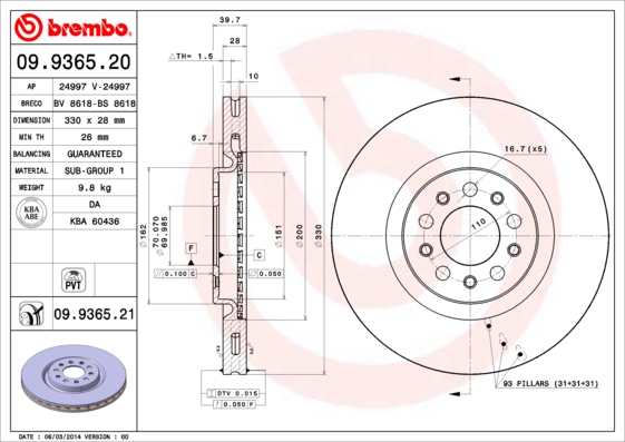 BREMBO 09.9365.21B Féktárcsa