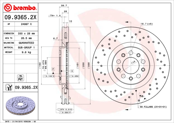 BREMBO 09.9365.2X Féktárcsa