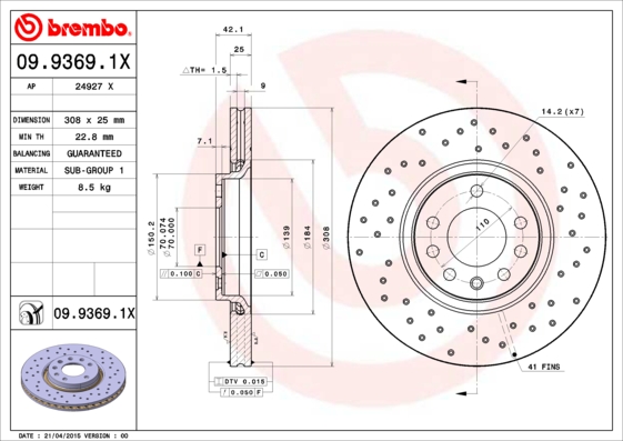 BREMBO 09.9369.1X Féktárcsa